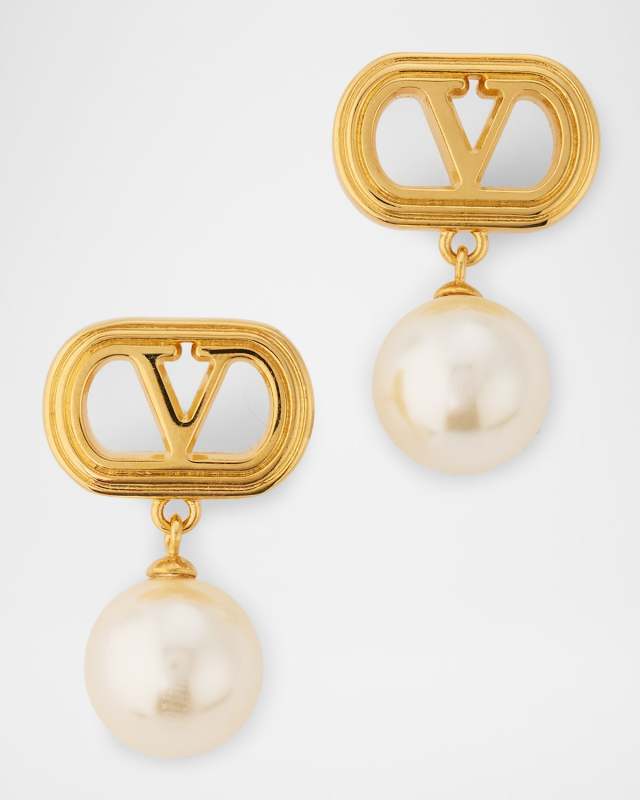 V Logo Stud Earrings with Pearly Drops